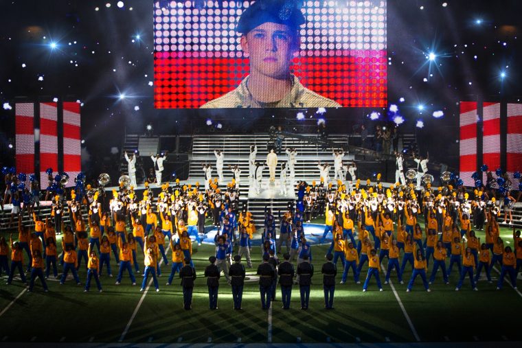 Billy Lynn (Joe Alwyn), dancers, and Alabama State Marching Hornets in TriStar Pictures' BILLY LYNN'S LONG HALFTIME WALK.